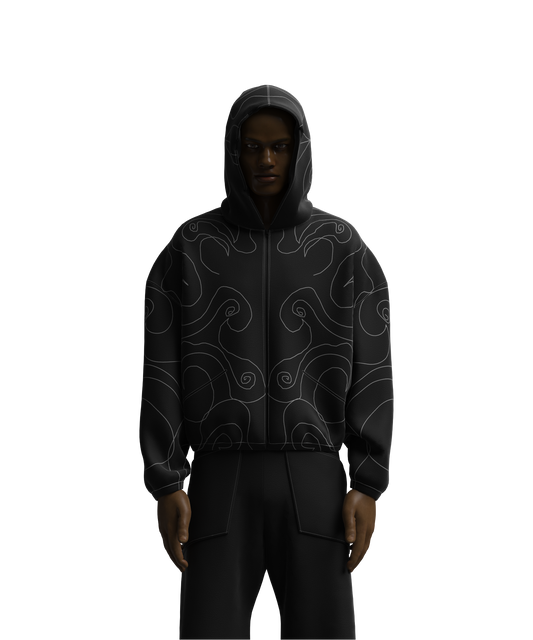 Black hoodie with abstract patterns on a white background